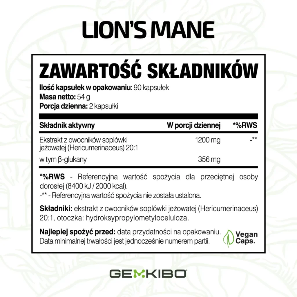 Lion's Mane 20:1 Organic Adaptogen Formula - 90 kapsułek