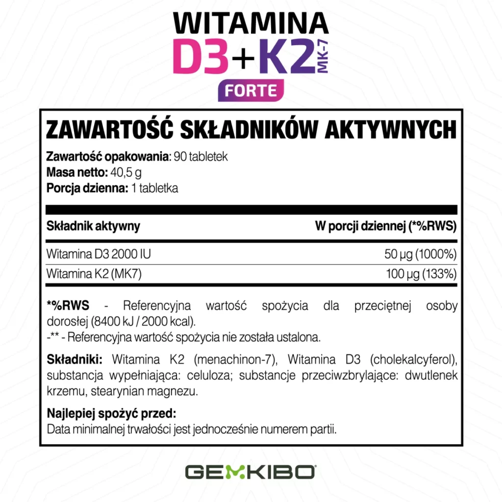 Witamina D3 + K2 MK-7 Forte - 90 tabletek